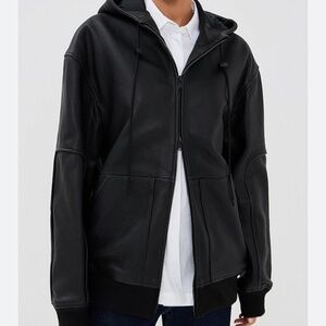 Tibi black pebble zip hooded leather zip hoodie jacket